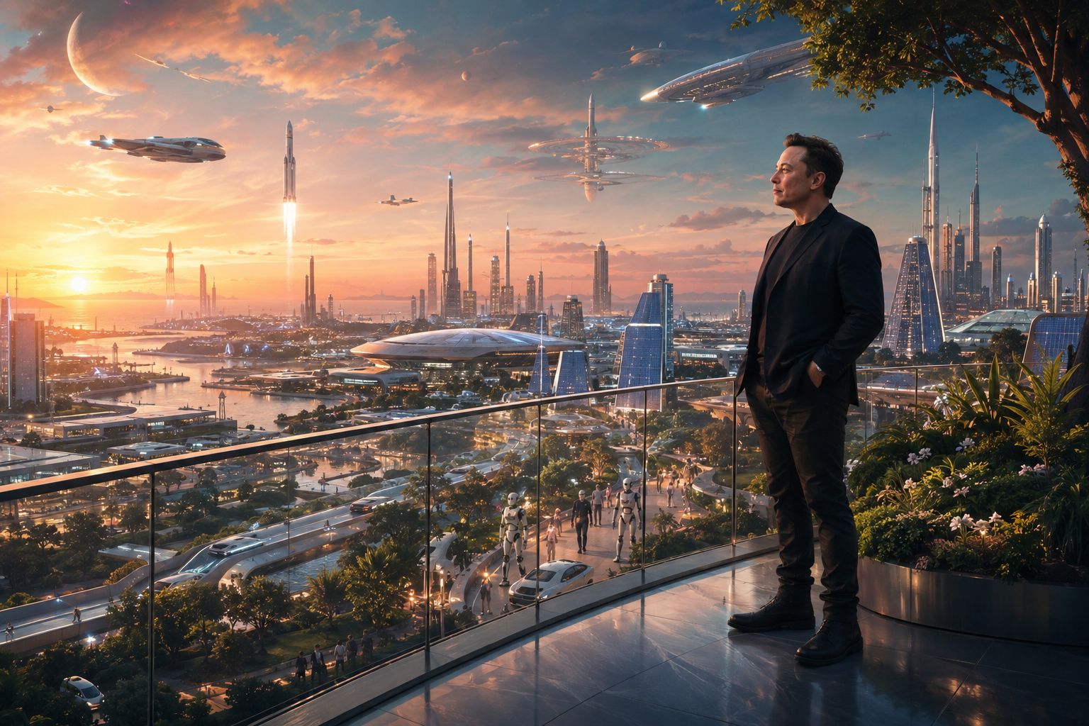 Overlooking a futuristic city at sunset